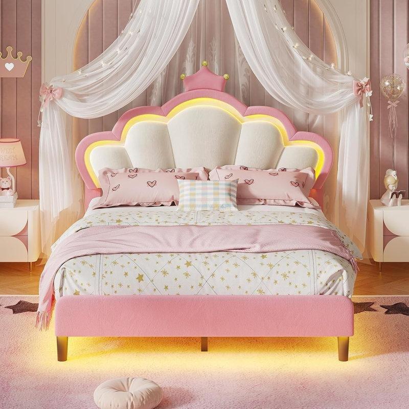 Pembe Kadife LED Işıklı Taç Başlıklı Ayarlanabilir Kız Çocuk Karyolası - 142975