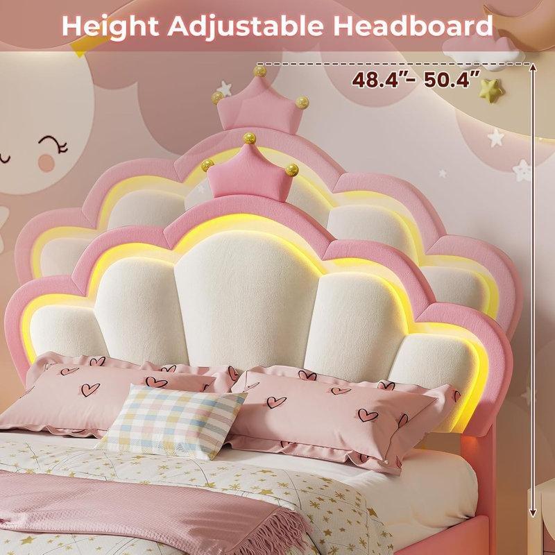 Pembe Kadife LED Işıklı Taç Başlıklı Ayarlanabilir Kız Çocuk Karyolası - 142975