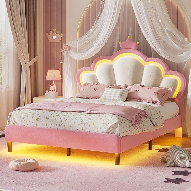 Pembe Kadife LED Işıklı Taç Başlıklı Ayarlanabilir Kız Çocuk Karyolası - 142975