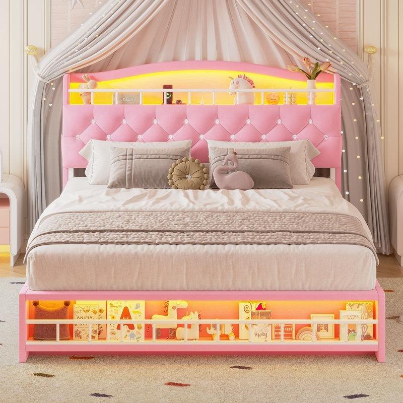 Pembe Kadife LED Işıklı ve Şarj İstasyonlu Raflı Karyola - 142930