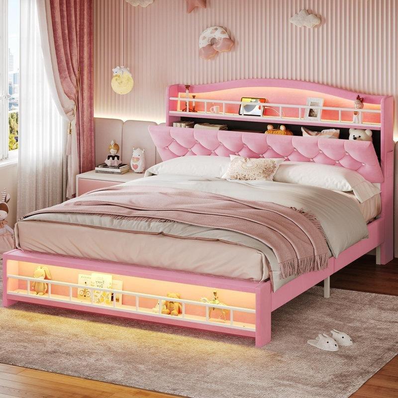 Pembe Kadife LED Işıklı ve Şarj İstasyonlu Raflı Karyola - 142930