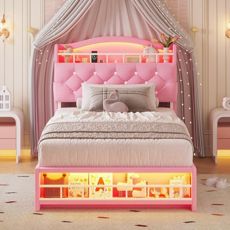 Pembe Kadife LED Işıklı ve Şarj İstasyonlu Raflı Karyola - 142930