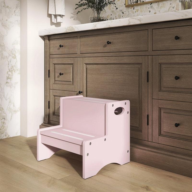 Pembe Masif Çam Ağacı Güvenlik Barlı 2 Basamaklı Kaydırmaz Öğrenme Kulesi - 163096