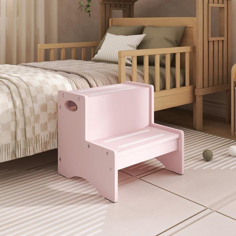 Pembe Masif Çam Ağacı Güvenlik Barlı 2 Basamaklı Kaydırmaz Öğrenme Kulesi - 163096