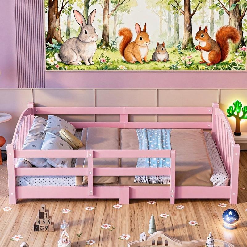Pembe Masif Çam Ahşap Korkuluklu Montessori Karyola - 145x201x49 cm - 142603
