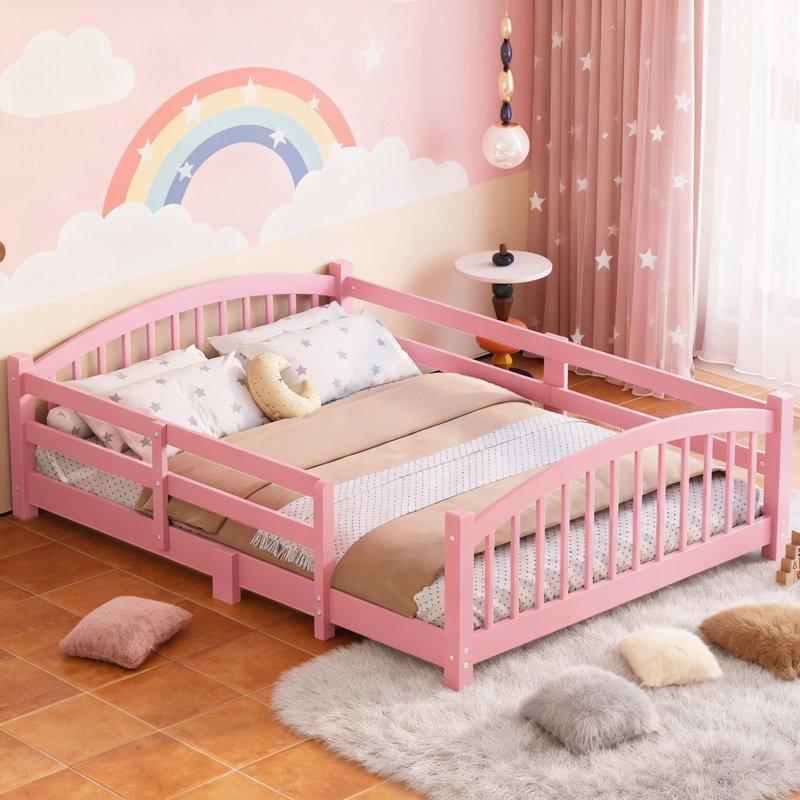 Pembe Masif Çam Ahşap Korkuluklu Montessori Karyola - 145x201x49 cm - 142603