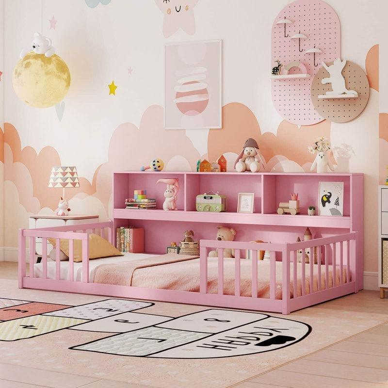 Pembe Masif Çam ve Ahşap Kitaplık Raflı Korumalı Montessori Karyola - 122x199 cm - 142690
