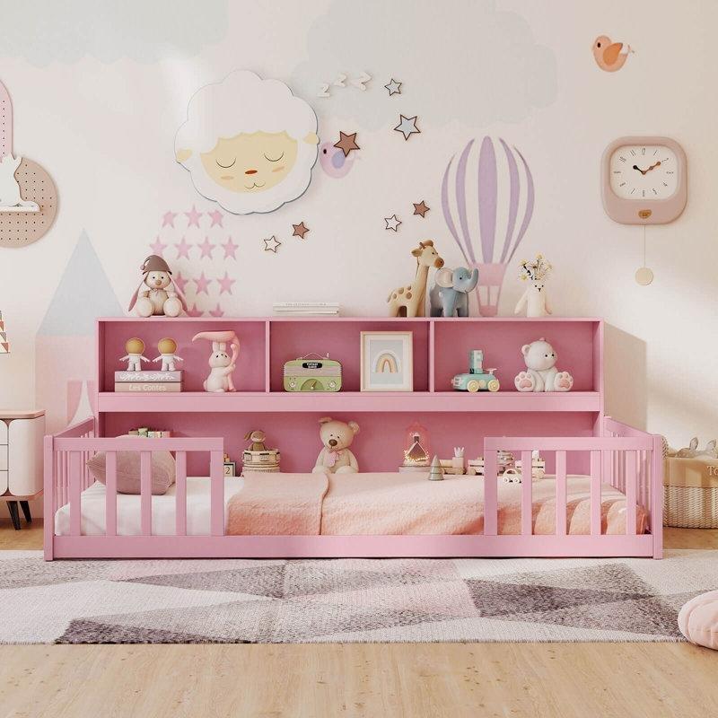 Pembe Masif Çam ve Ahşap Kitaplık Raflı Korumalı Montessori Karyola - 122x199 cm - 142690