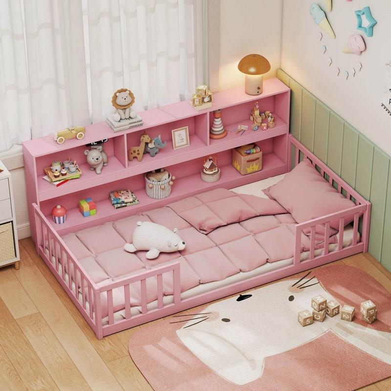 Pembe Masif Çam ve Ahşap Kitaplık Raflı Korumalı Montessori Karyola - 122x199 cm - 142690