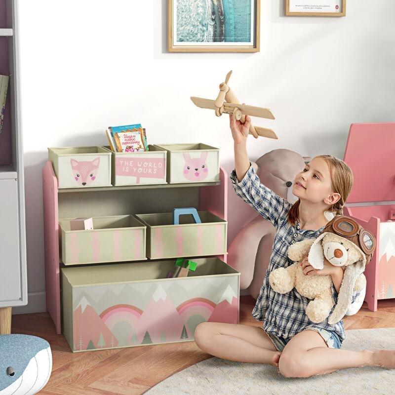 Pembe MDF Hayvan Desenli 6 Kumaş Sepetli Oyuncak Dolabı - 63x30x66 cm - 150797