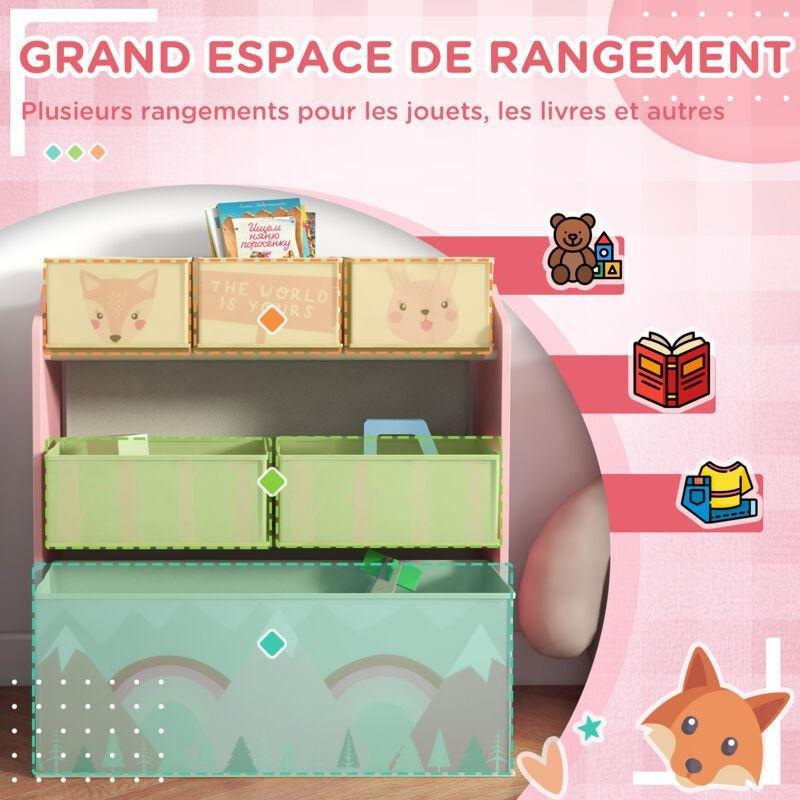 Pembe MDF Hayvan Desenli 6 Kumaş Sepetli Oyuncak Dolabı - 63x30x66 cm - 150797