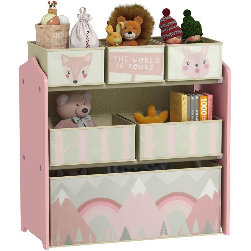 Pembe MDF Hayvan Desenli 6 Kumaş Sepetli Oyuncak Dolabı - 63x30x66 cm - 150797