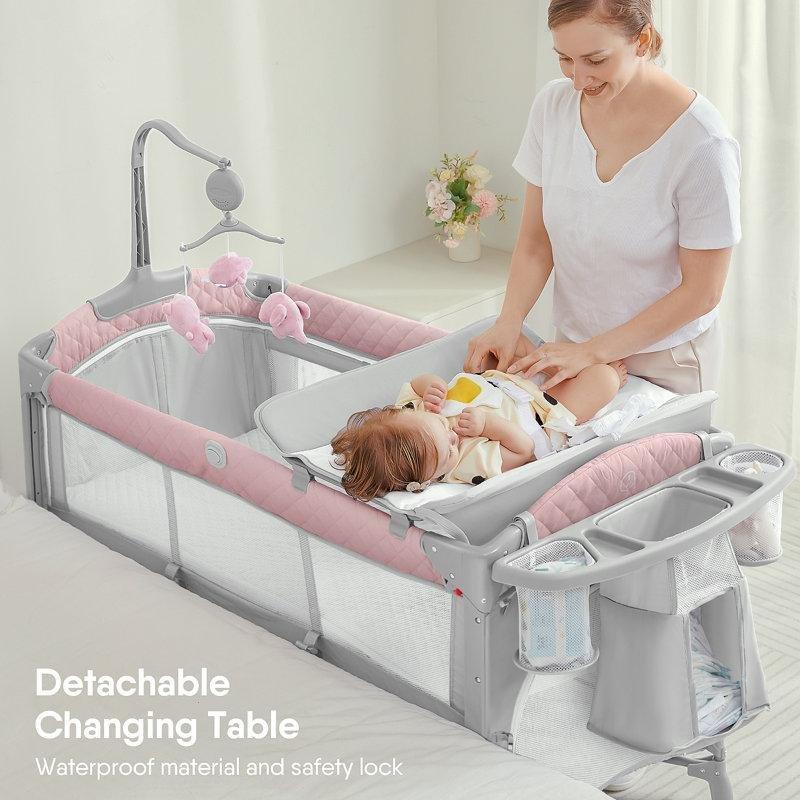 Pembe Metal 5i 1 Arada Katlanabilir Tekerlekli Yüksekliği Ayarlanabilir Anne Yanı Beşik - 161545