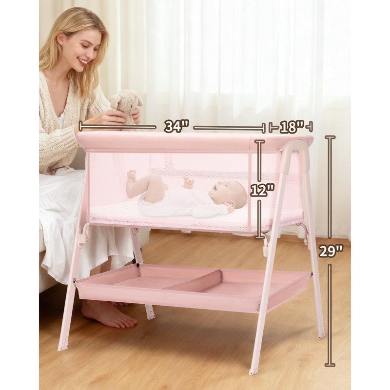 Pembe Metal Tekerlekli ve Saklama Sepetli Ayarlanabilir Anne Yanı Beşik - 89x49 cm - 161785