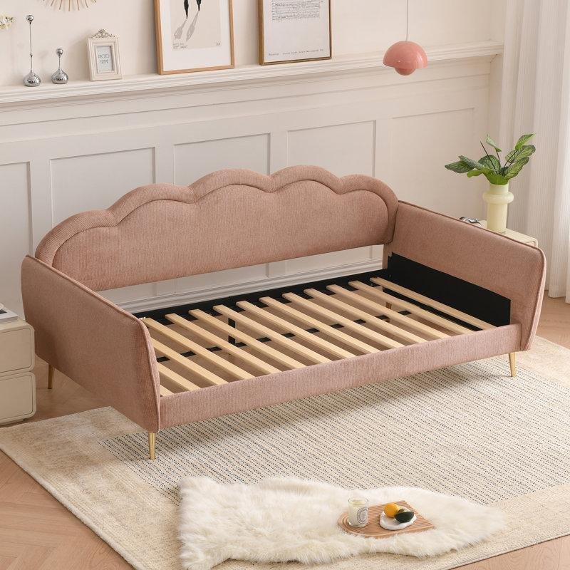 Pembe Şönil Kumaş Bulut Tasarımlı Gold Ayaklı Daybed Karyola - 119x205 cm - 142768