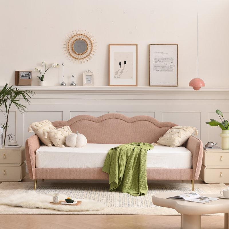 Pembe Şönil Kumaş Bulut Tasarımlı Gold Ayaklı Daybed Karyola - 119x205 cm - 142768