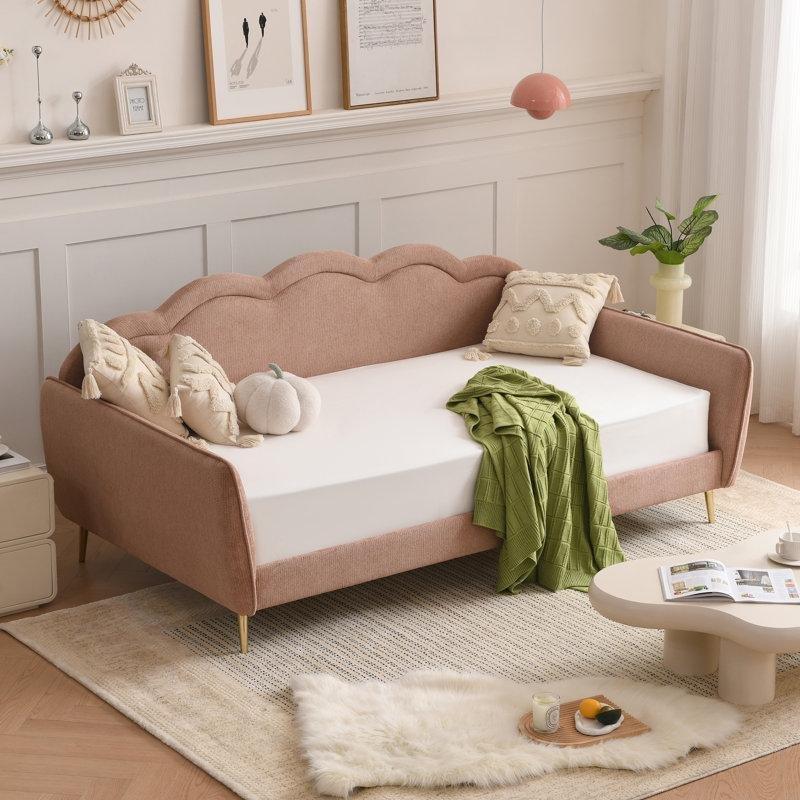 Pembe Şönil Kumaş Bulut Tasarımlı Gold Ayaklı Daybed Karyola - 119x205 cm - 142768