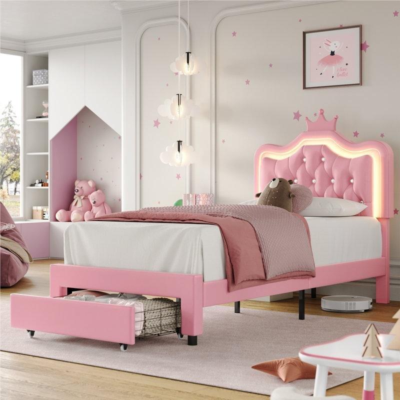 Pembe Suni Deri Döşemeli LED Işıklı Taç Başlıklı Çekmeceli Kapitoneli Karyola - 142966