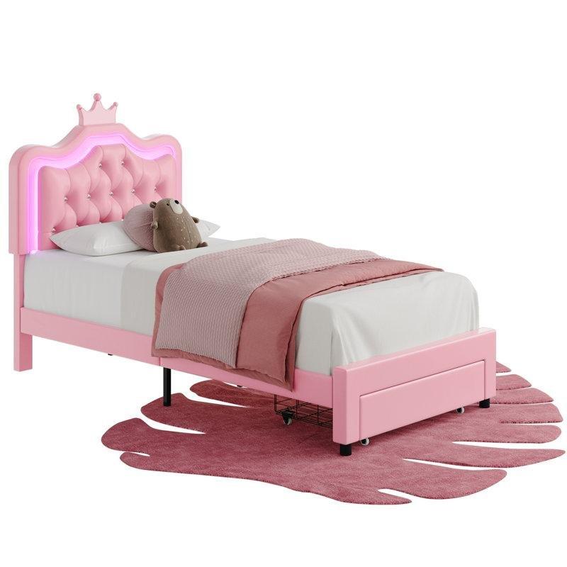 Pembe Suni Deri Döşemeli LED Işıklı Taç Başlıklı Çekmeceli Kapitoneli Karyola - 142966