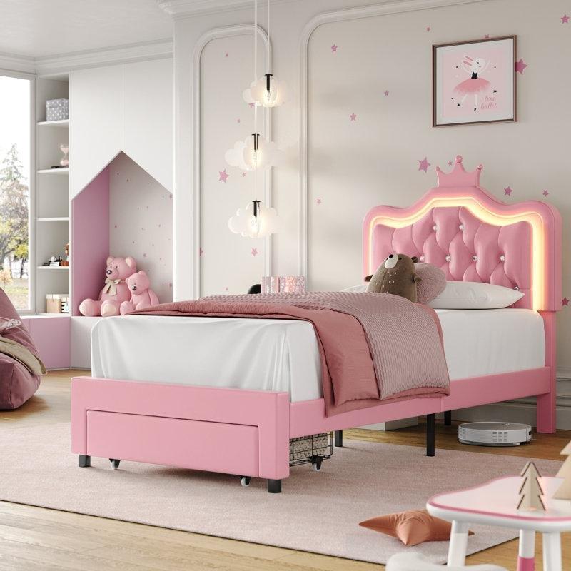 Pembe Suni Deri Döşemeli LED Işıklı Taç Başlıklı Çekmeceli Kapitoneli Karyola - 142966