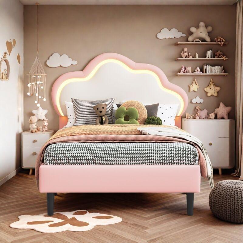 Pembe Suni Deri LED Işıklı Bulut Başlıklı Baza - 90x200 cm - 143704