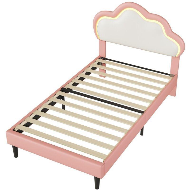 Pembe Suni Deri LED Işıklı Bulut Başlıklı Baza - 90x200 cm - 143704