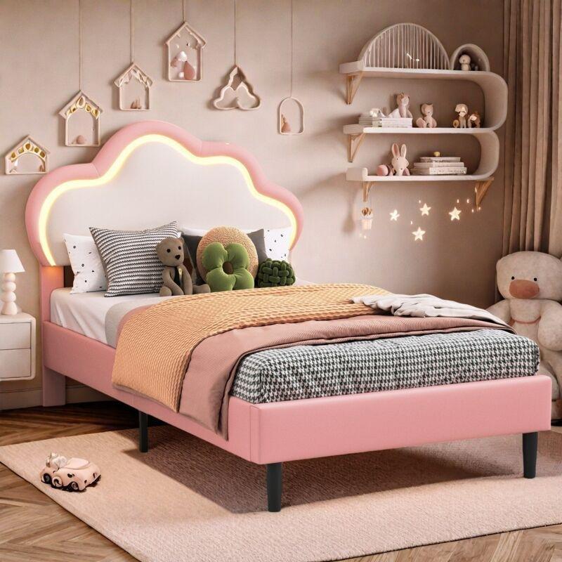 Pembe Suni Deri LED Işıklı Bulut Başlıklı Baza - 90x200 cm - 143704