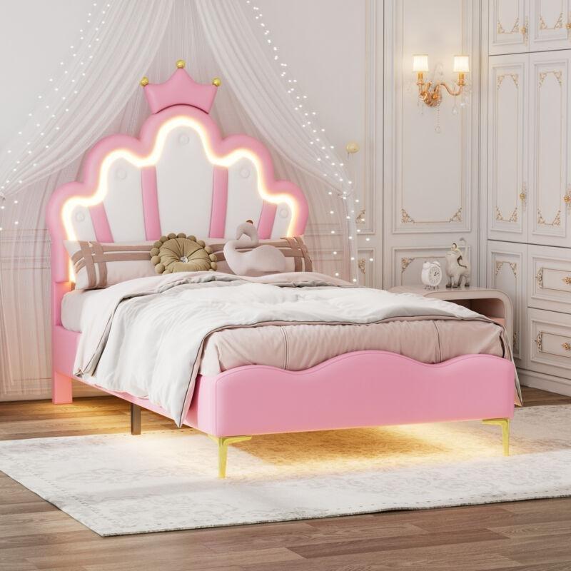 Pembe Suni Deri LED Işıklı Taç Tasarımlı Çocuk Baza - 90x200 cm - 143718