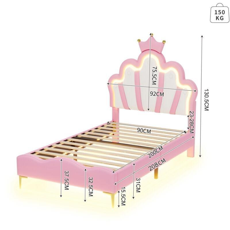 Pembe Suni Deri LED Işıklı Taç Tasarımlı Çocuk Baza - 90x200 cm - 143718