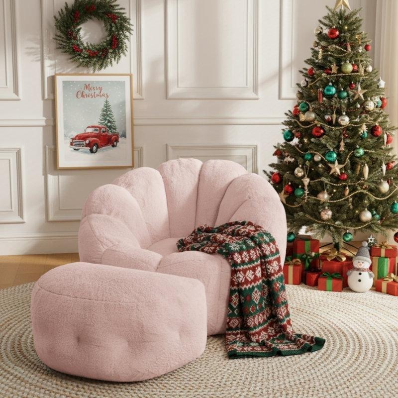Pembe Suni Kürk Balkabağı Tasarımlı Sırtlı Puf Koltuk - 179 cm - 157516