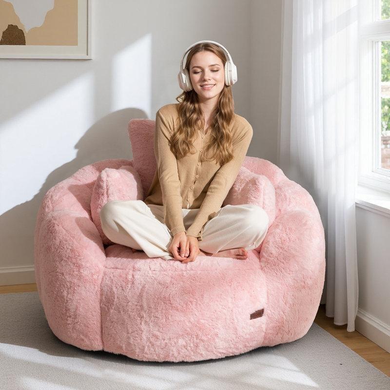 Pembe Suni Kürk Çiçek Tasarımlı 3 Yastıklı Puf Koltuk - 157570