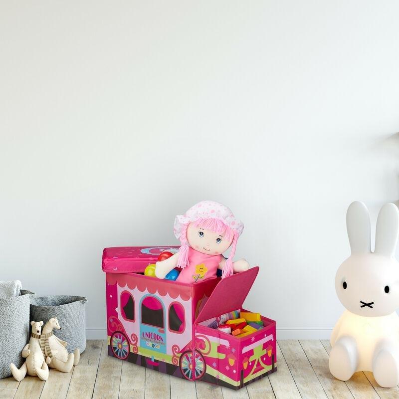 Pembe Tek Boynuzlu At Desenli Katlanabilir Puf Oyuncak Dolabı - 56x27 cm - 150752