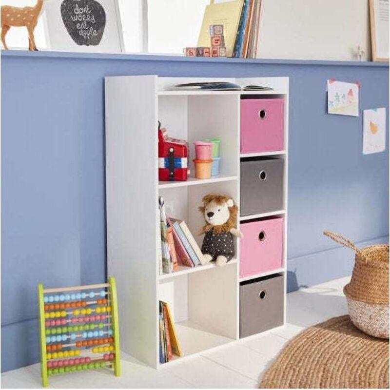 Pembe ve Gri 4 Sepetli Beyaz MDF Oyuncak Dolabı - 62x30x96 cm - 151000