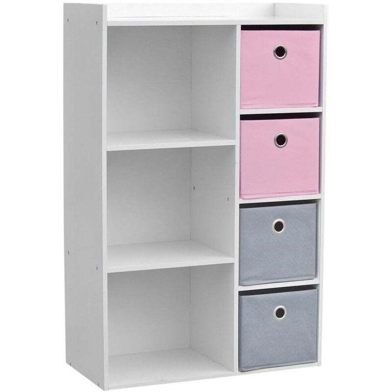 Pembe ve Gri 4 Sepetli Beyaz MDF Oyuncak Dolabı - 62x30x96 cm - 151000