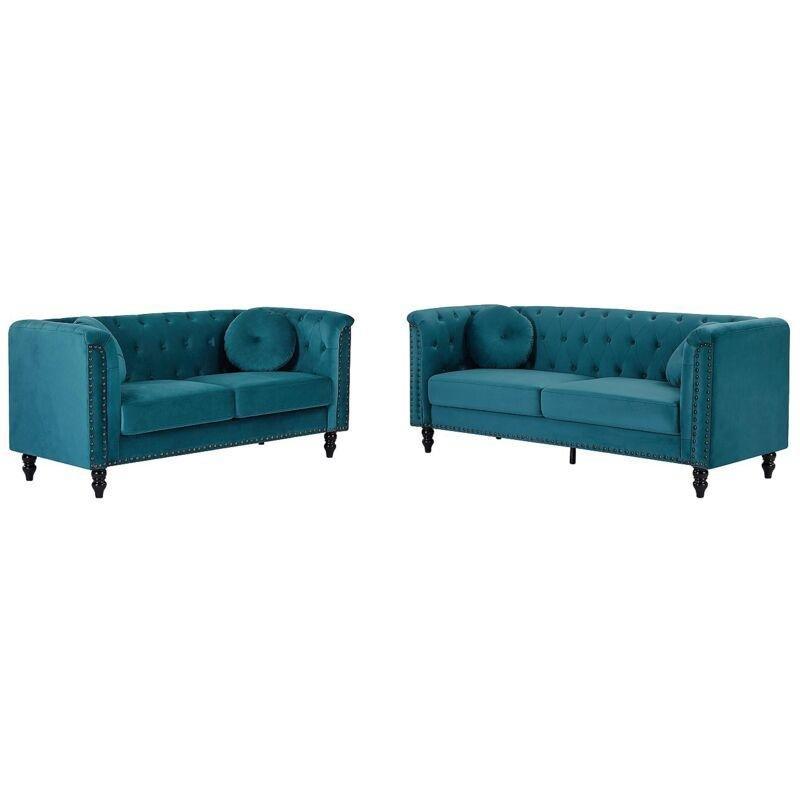 Petrol Mavisi Kadife Kapitoneli Zımba Detaylı Ahşap Koltuk Takımı - 190 cm - 152282