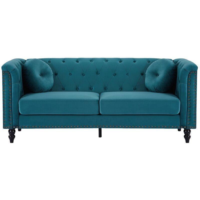 Petrol Mavisi Kadife Kapitoneli Zımba Detaylı Ahşap Koltuk Takımı - 190 cm - 152282