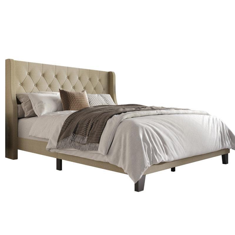 Polyester Döşemeli Kapitoneli Kulaklı Başlıklı Ahşap Karyola - 160x200 cm - 143353