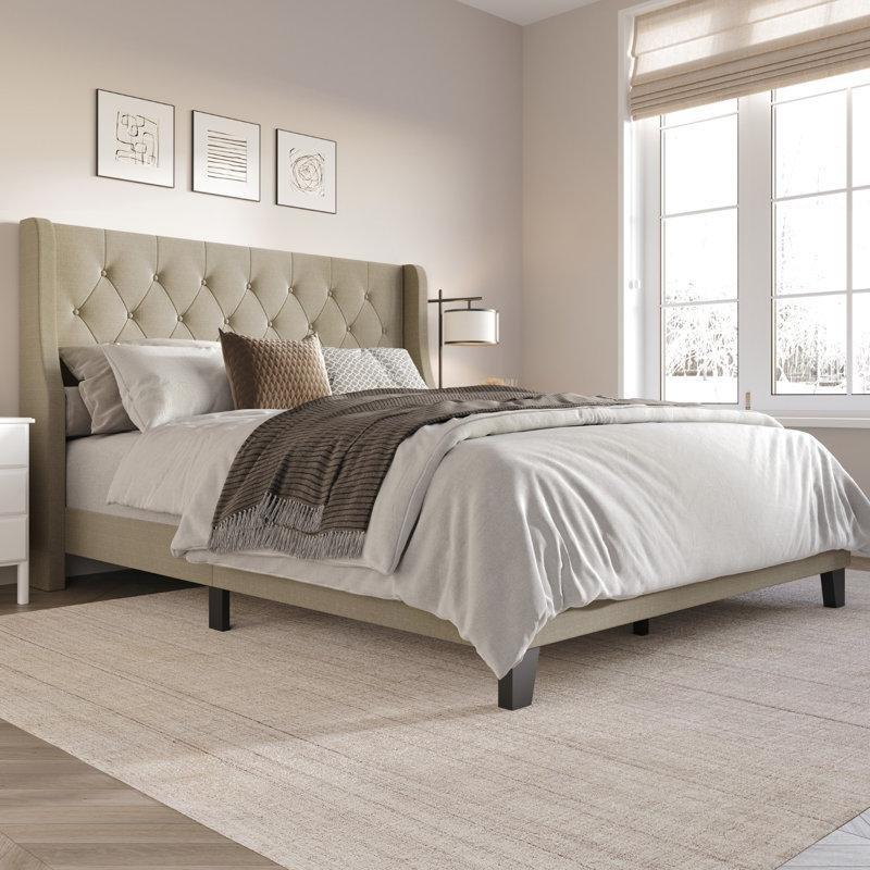 Polyester Döşemeli Kapitoneli Kulaklı Başlıklı Ahşap Karyola - 160x200 cm - 143353