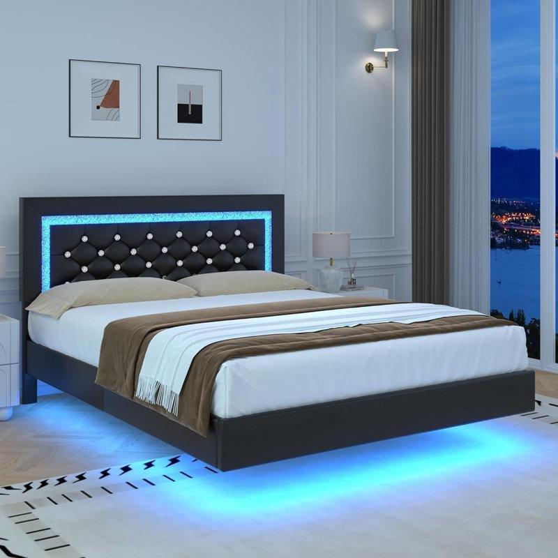 PU Deri Döşemeli RGB LED Aydınlatmalı ve Gizli Ayaklı Karyola - 153x208 cm - 142357