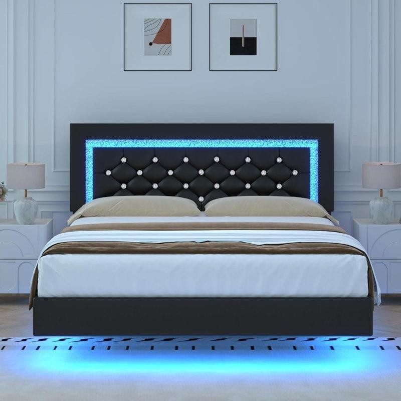 PU Deri Döşemeli RGB LED Aydınlatmalı ve Gizli Ayaklı Karyola - 153x208 cm - 142357