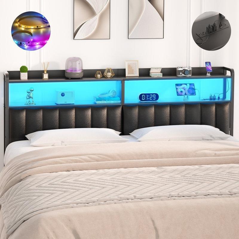 Raflı ve Şarj İstasyonlu LED Işıklı Suni Deri Yatak Başlığı - 155 cm - 144825