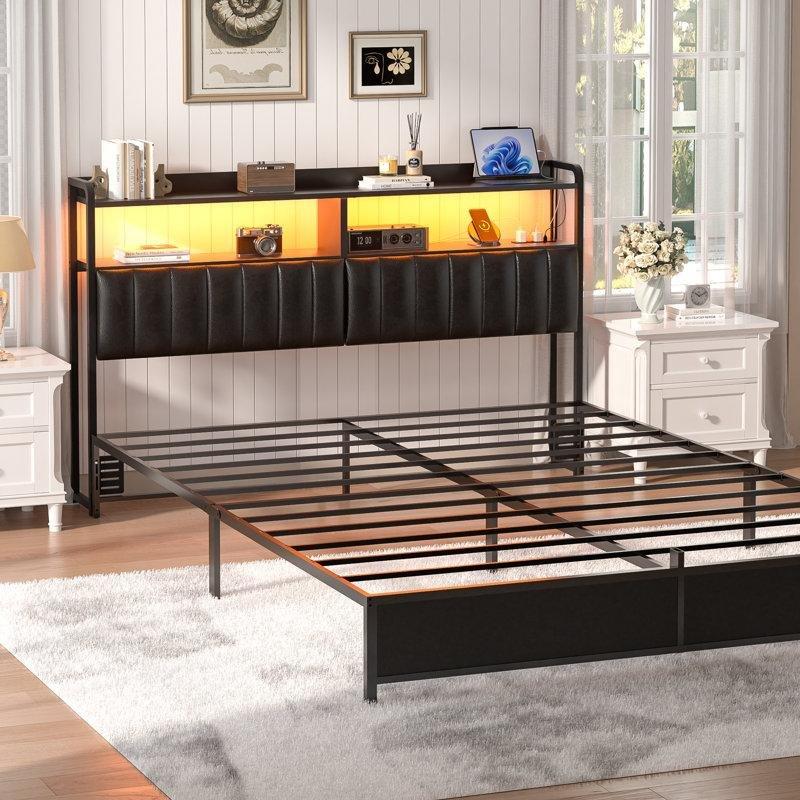 Raflı ve Şarj İstasyonlu LED Işıklı Suni Deri Yatak Başlığı - 155 cm - 144825