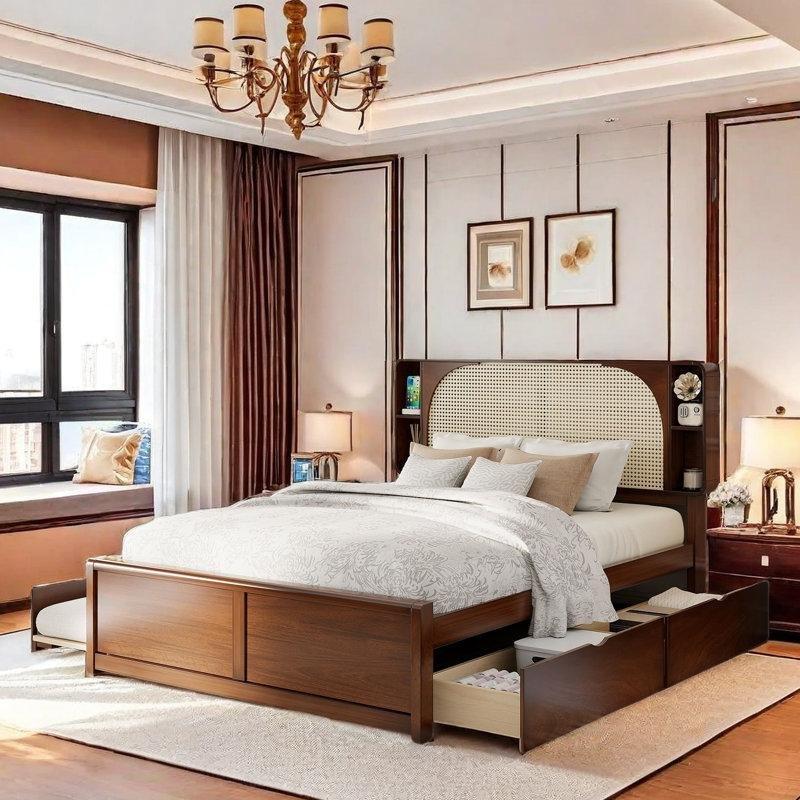 Rattan Başlıklı Masif Ahşap Raflı Çekmeceli ve Yavru Yataklı Karyola - 143194