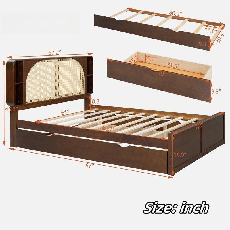 Rattan Başlıklı Masif Ahşap Raflı Çekmeceli ve Yavru Yataklı Karyola - 143194