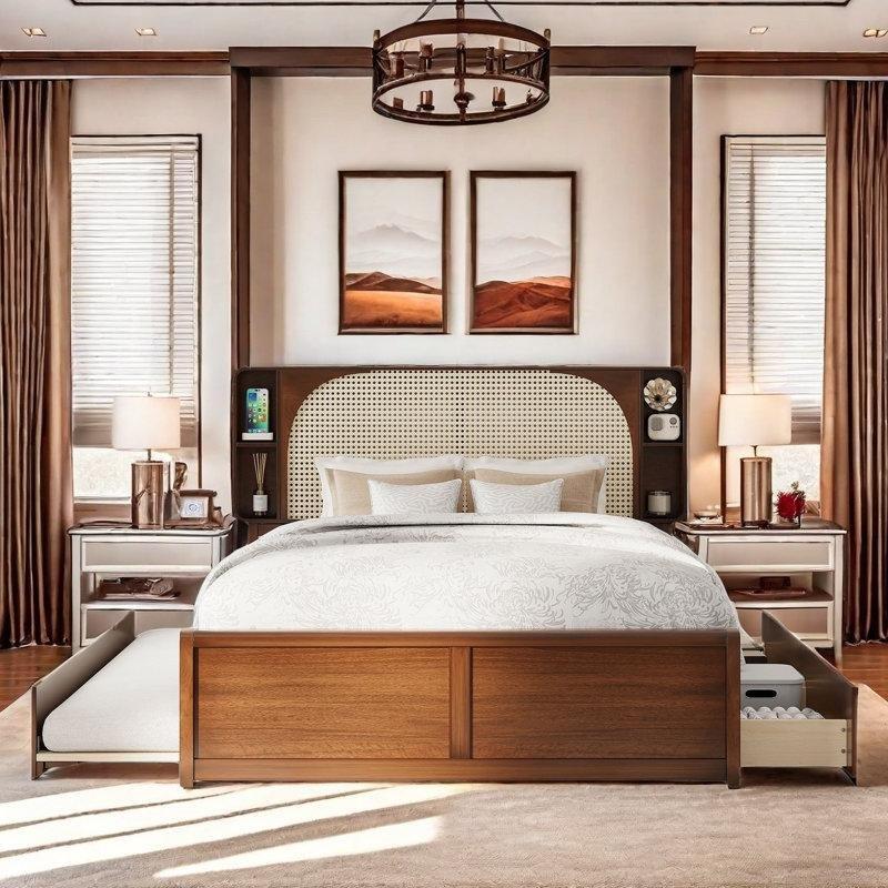 Rattan Başlıklı Masif Ahşap Raflı Çekmeceli ve Yavru Yataklı Karyola - 143194