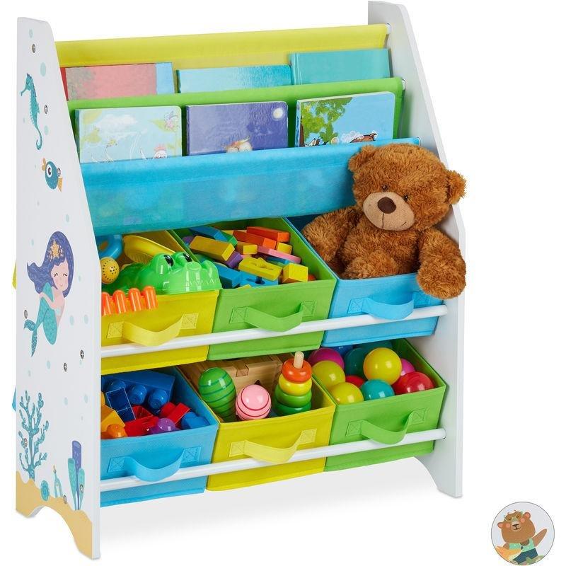 Renkli Deniz Temalı 6 Kutu ve 2 Bölmeli Sunta Kitaplıklı Oyuncak Dolabı - 74x62x32 cm - 150853