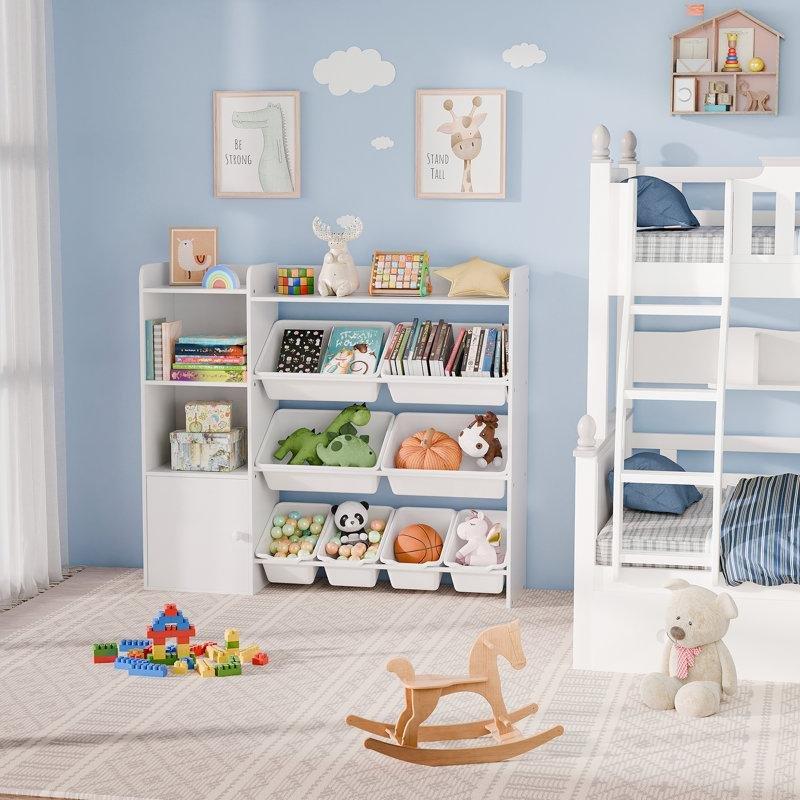 Renkli Sepetli ve Raflı Beyaz Ahşap Oyuncak Dolabı - 113 cm - 150372