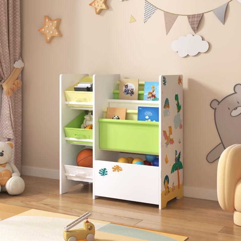 Renkli Suntalam Dinozor Desenli 3 Kumaş Sepetli Oyuncak Dolabı - 65x30x60 cm - 150892