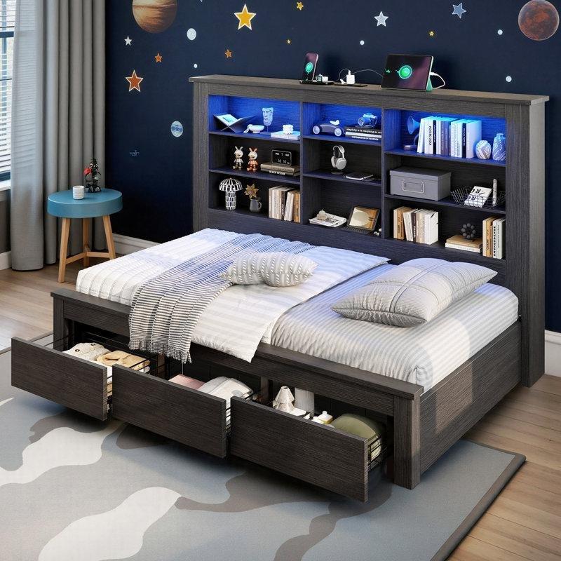 Rustik Endüstriyel Ahşap LED Başlıklı USB Şarjlı 3 Çekmeceli Divan Tipi Karyola - 142792