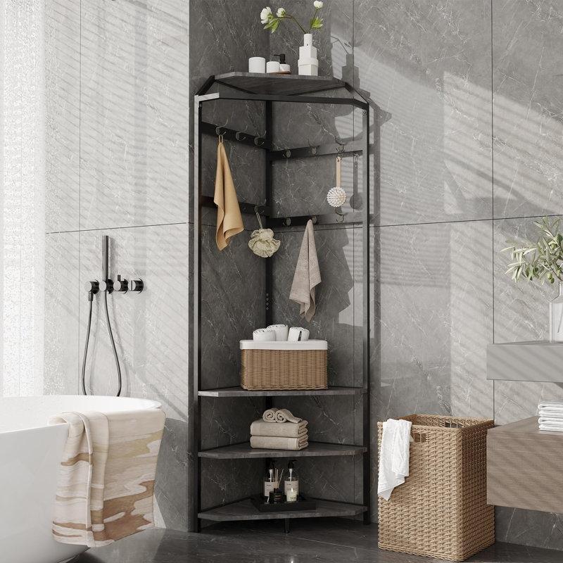 Rustik Gri Siyah Metal Köşe 12 Kancalı 4 Raflı Portmanto Vestiyer - 181x51x51 cm - 159469